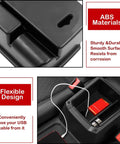Center Console Organizer for VW Tiguan and Taos 2018 to 2026, ABS material, flexible design, USB cable usage shown