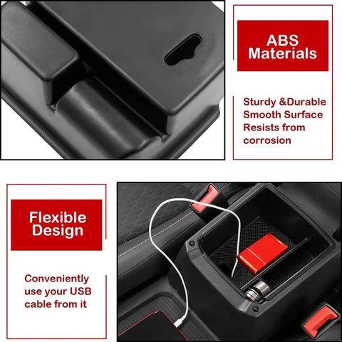 Center Console Organizer for VW Tiguan and Taos 2018 to 2026, ABS material, flexible design, USB cable usage shown
