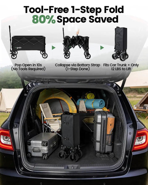 Foldable Utility Wagon With 42 Inch Telescoping Handle And All Terrain Wheels in car trunk with camping gear and suitcases