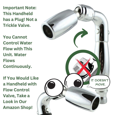 Solid Metal Handheld Shower Head Kit With 72 Inch Hose And Silicone Inner Tube Brass Holder Oil Rubbed Bronze Finish 2 GPM Low Flow For Water Savings And An Invigorating Large Droplet Rinse Great For Long Hair depicted with a plug not trickle valve and continuous flow warning