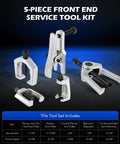 5 In 1 Front End Service Tool Kit with Ball Joint Separator, various pullers on dark background with specs chart