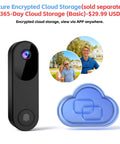 Wireless Video Doorbell Camera With Battery Power For Front Door, Color Night Vision For Day And Night Monitoring shown with cloud storage icon