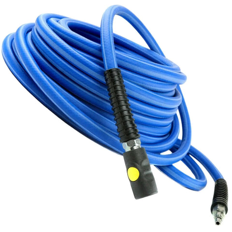 Heavy Duty Compressed Air Piping Connectors Fit For Workshop Featuring Anti Marring Steel Inner Construction Brass Ends For Smooth Up To 300 PSI Flexibility Rock Solid Build Great For Garage Repairs Getting Stuff Done Fast When Needed blue coiled hose