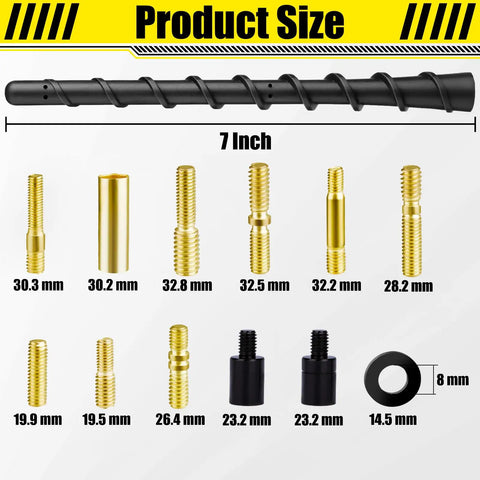 Black Spiral Bending Car Antenna Waterproof Rubber Antenna 7 Inch Flexible Retrofit Antenna with screw and adapters sizes
