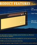 Shade 5-13 Auto-Darkening Welding Lens With True Color HD Deep Blue Weld View, showing solar power and UV/IR protection features.