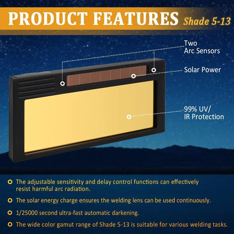 Shade 5-13 Auto-Darkening Welding Lens With True Color HD Deep Blue Weld View, showing solar power and UV/IR protection features.