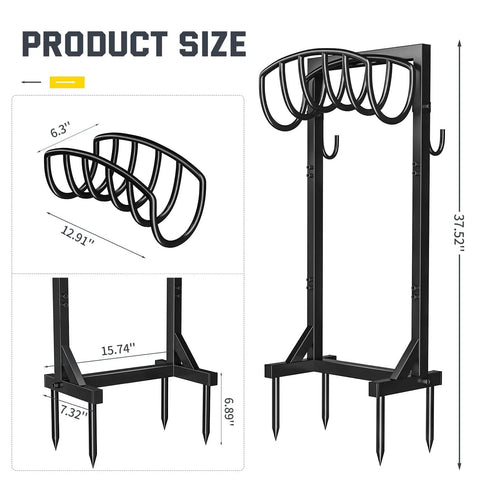 Heavy Duty Garden Hose Holder Stand With Four Spikes And Two Tool Hooks Freestanding Metal Hose Reel Organizer product size