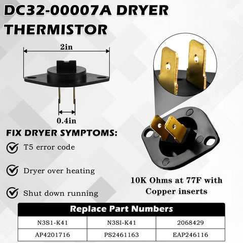Close-up of DC32-00007A dryer thermistor, showing 2x 5/16 inch terminals and dimensions, used for fixing dryer symptoms.