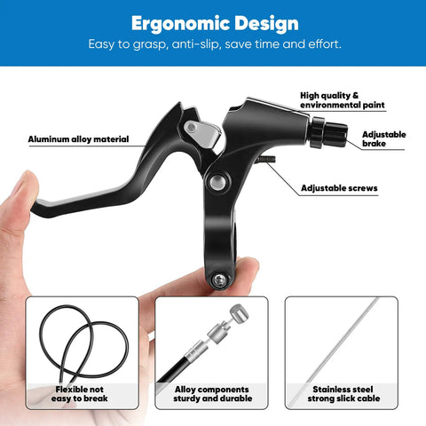 Universal V Type Bike Brake Set With Front And Rear MTB Brakes Cables Levers End Caps Multi Tool And Wrenches For Easy Install Must Have All In One Replacement Kit In Black For City And Mountain Rides ergonomic lever close-up