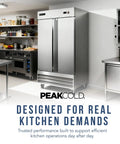 Heavy Duty Commercial 2 Door Stainless Steel Freezer 47 Cubic Feet Capacity in a busy kitchen setting with white interior.