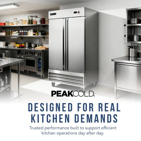 Heavy Duty Commercial 2 Door Stainless Steel Freezer 47 Cubic Feet Capacity in a busy kitchen setting with white interior.