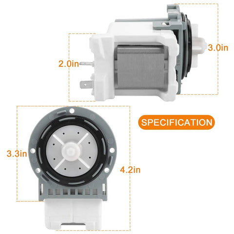 Samsung Washer Drain Pump Beefed-Up Upgrade DC31-00178A DC31-00187A PX3516-01 size view with measurements and wire guard