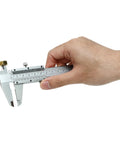 Hand holding Vernier Caliper 0-6 Inch / 0-150 Millimeters Manual Caliper Carbon Steel Pro Grade with knurled thumb roller and locking screw