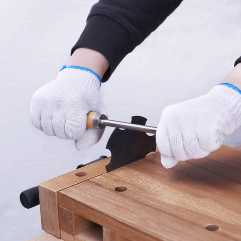 Person using burnisher from Nine Piece Cabinet Scraper Set For Woodworking with burnisher, curved scraper for slick finish.