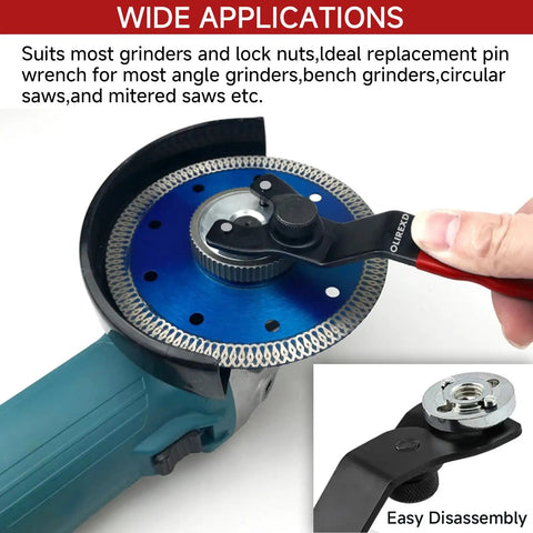 Universal Adjustable Pin Wrench For Angle Grinders With Lock Nut Grip Seven Point Five Inch Overall Length Fits From Three Eighths Inch To One And One Sixteenth Inch Hubs Rubber Dipped Handle For Comfort Replacement Tool For Angle Grinders Benches And in use on an angle grinder with a blue disc.