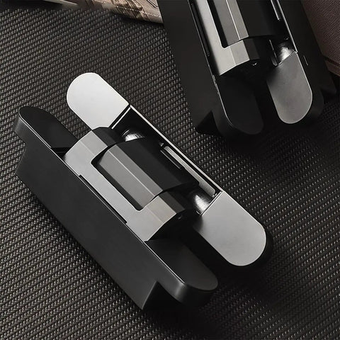 Three Pack Heavy Duty Solid Brass Invisible Hydraulic Door Hinges That Soft Close Like Butter And Require Zero Sweat Mortise Setup For Stealthy Matte Black 180 Degree Swings on textured surface.
