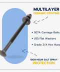 Half Inch Carriage Bolt Kit With 12 Bolts, 12 Washers, And 12 Nuts, Ceramic Black Ruspert Coating For Exterior Use, threaded bolt shown