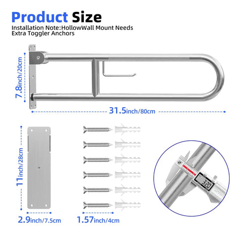 Built Tough 304 Stainless Steel Bathroom Grab Bar With Heavy Duty 510 Lb Capacity Fold Up Anti Slip Toilet Safety Rail And Rustproof Wall Mount Support For Seniors size dimensions and installation parts
