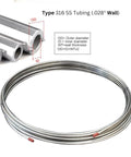 OD 50 Foot Stainless Steel Tubing Coil Type 316 316L Dual Certified, 0.028 Inch Wall, round coil, suitable for fluid and gas transport