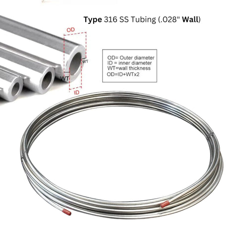 OD 50 Foot Stainless Steel Tubing Coil Type 316 316L Dual Certified, 0.028 Inch Wall, round coil, suitable for fluid and gas transport