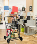 Beefed Up Folding Shopping Cart With Wheels For Groceries And Laundry Portable in a supermarket with groceries inside
