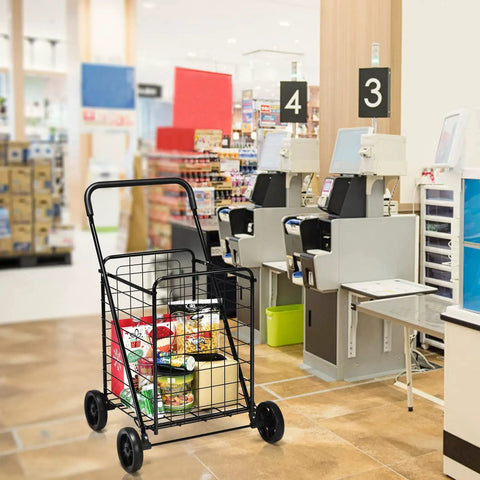Beefed Up Folding Shopping Cart With Wheels For Groceries And Laundry Portable in a supermarket with groceries inside