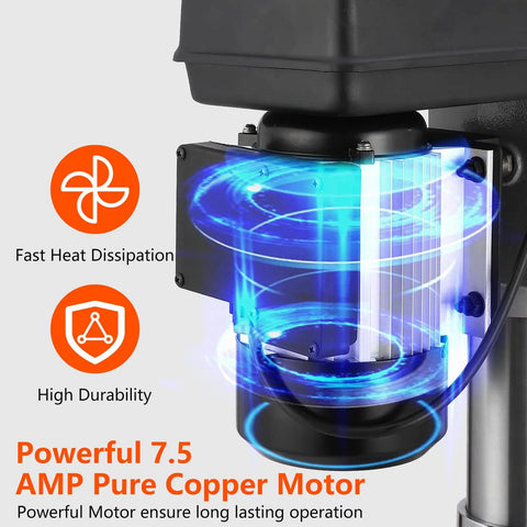 Heavy Duty 15 Inch Floor Drill Press With Rock Solid 7.5 Amp Pure Copper Motor And Slick Variable Speed Up To 3084 RPM close-up of powerful motor.