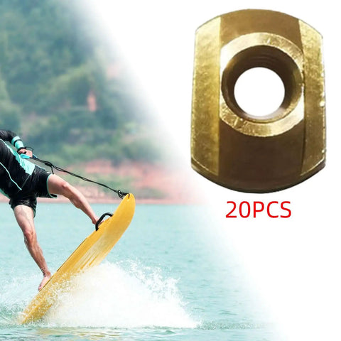 20 Piece M8 Hydrofoil Mounting T Nuts Hardware Kit For Water Sports Boards, brass nut detail with rider surfing
