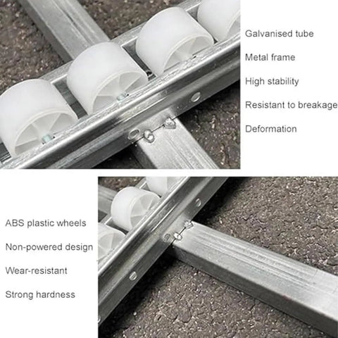 Close-up of Ultra Portable Conveyor Belt System with lightweight modular rollers and galvanized steel frame for secure load management.