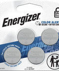 Solid 2025 Lithium Coin Batteries 4 Pack displaying four Energizer CR2025 batteries with child-proof coating and packaging.