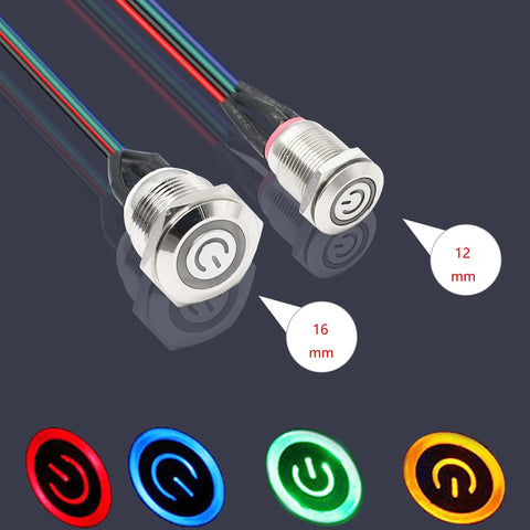 Metal Button Chassis Switch For DIY PC Case LED Power Button With 60cm Cable And 12mm Button Diameter ATX On Off Replacement For Computer Build No Fuss Easy Install, showing button sizes and LED colors.