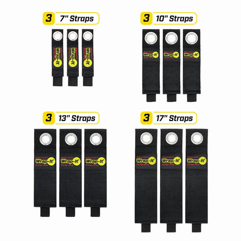 Heavy Duty Cable Organizer Straps 12 Pack For Hanging On Wall In Garage RV And Home Use Keeps Cords Tidy And Tangle Free For Extension Cords And Gadgets, with 3 sets each of 7in, 10in, 13in, and 17in sizes displayed.