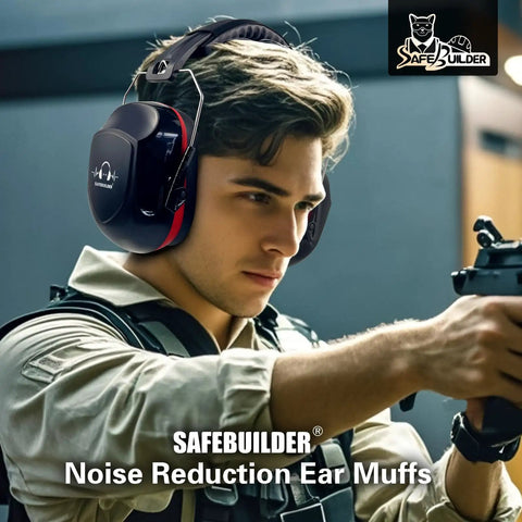 Man wearing All Day Quiet Earmuffs For Sleep Outdoor Work Shooting And Industrial Use With SNR 33 dB And NRR 26 dB Black.