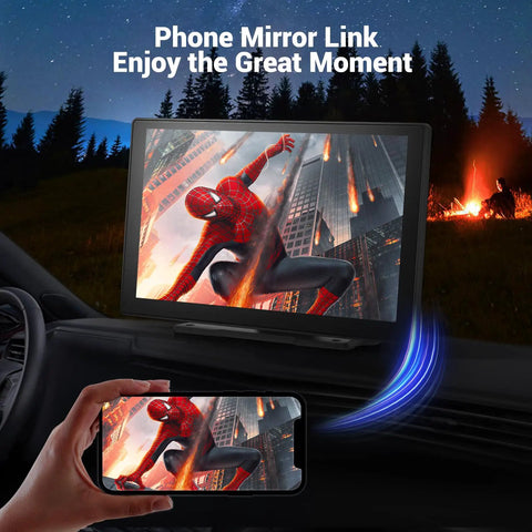 Wireless Apple CarPlay Car Stereo 9 Inch Dash Screen with Android Auto displaying mirrored phone movie scene