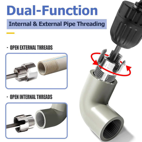 Upgrade Your Plumbing Game With This Electric Drill PVC Pipe Threader showing internal and external threading on pipes.
