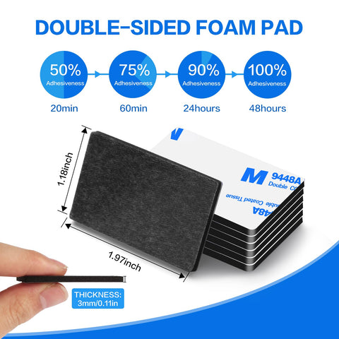 Double Sided Adhesive Pads Heavy Duty 3mm Foam Tape 48 Pcs Pre Cut Waterproof Mounting Tape displaying thickness and dimensions.