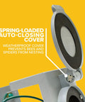 Close-up of 30 Amp NEMA 3R Generator Power Inlet Box spring-loaded auto-closing cover, weatherproof design, gray finish.