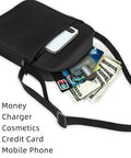 Open view of Hands Free Crossbody Sling Bag For Women And Men Ultra Lightweight Everyday Chest Pack With Adjustable Strap and Zipper, showing contents like money, phone, and cards.