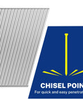 Kickass 18 Gauge Brad Nails 6000 Count Zinc Plated Steel 1 1 2 Inch showing chisel point design for smooth penetration.