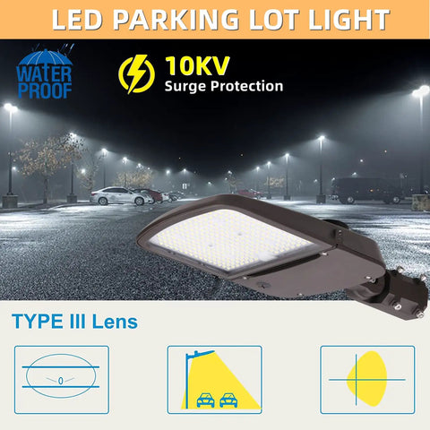 Hella Bright 200W Outdoor LED Parking Lot Light With Slip Fitter illuminating a parking lot at night, waterproof build