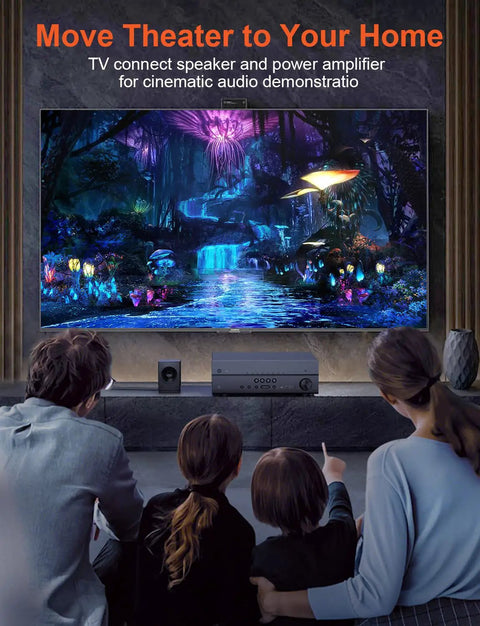 Family enjoying a cinematic experience with Ultra Top Shelf Double L Shaped Optical Audio Cable Featuring Swivel Right Angle Plugs For Compact Gaming Rooms Televisions And Soundbars Rock Solid Toslink Connection.