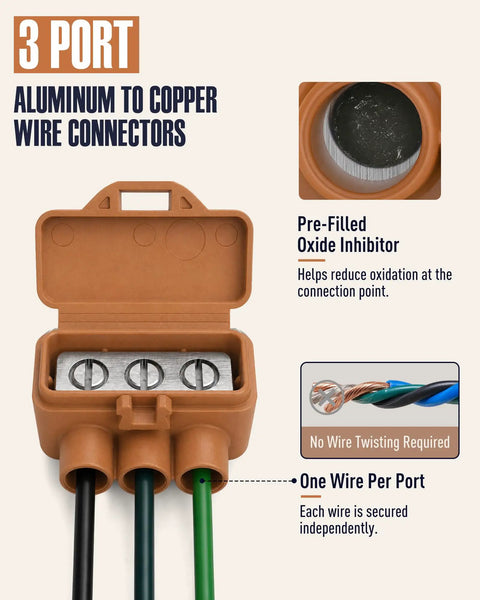 Rock Solid Pro Grade Aluminum To Copper Wire Connectors 3 Port Screw Terminal Blocks with pre-filled oxide inhibitor, orange color.