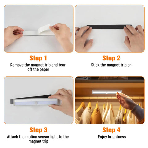 Motion Sensor LED Lights 6 Pack Battery Operated With 10 LEDs Per Bar installation steps on magnetic strip for closets