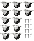 12 Pack Mini Rigid Caster Wheels Low Profile Non Swivel Fixed Casters For Furniture Drawers And Under Bed Storage Straight Shooting Rollers, steel base and rubber treads.