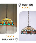 ARTZONE Antique Tiffany Pendant Light Fixture Stained Glass Hanging Lamp with colorful designs, shown on and off.
