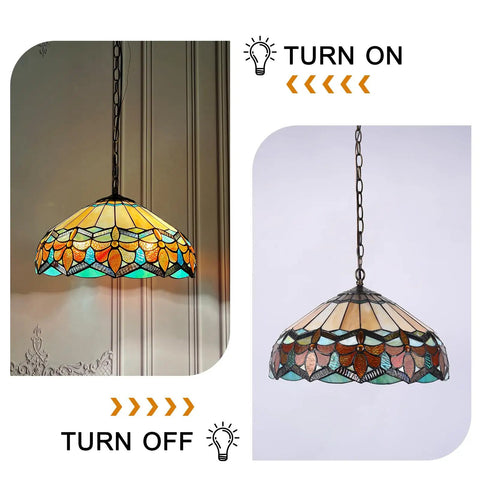 ARTZONE Antique Tiffany Pendant Light Fixture Stained Glass Hanging Lamp with colorful designs, shown on and off.