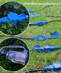 65 Feet Heavy Duty Extension Cord With 13 Evenly Spaced Outlets And Blue Indicator Lights on wet grass with IP44 caps
