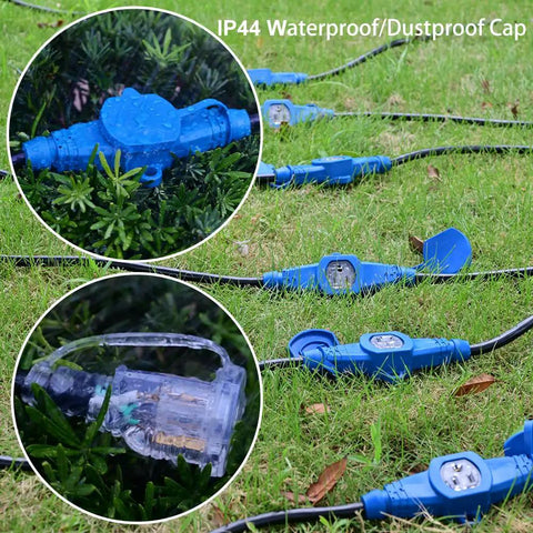 65 Feet Heavy Duty Extension Cord With 13 Evenly Spaced Outlets And Blue Indicator Lights on wet grass with IP44 caps