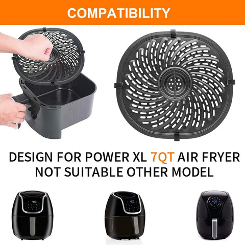 Vortex 7 Qt Air Fryer Replacement Grill Pan Set compatibility check for Power XL Vortex showing black crisper plate and air fryer models