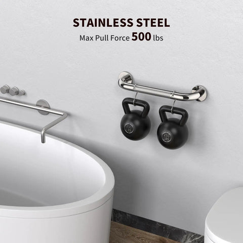 2 Pack 12 Inch No Slip Shower Grab Bar Handle Chrome Stainless Steel Knurled Safe Install Concealed Mount Safety Hand Rail Support For Handicap Elderly Senior Bath installed on bathroom wall supporting kettlebells.